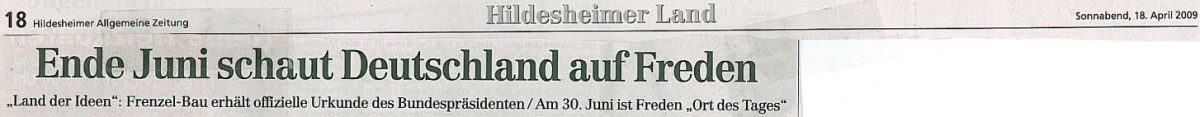 „Land der Ideen“: Frenzel-Bau erhält offizielle Urkunde des Bundespräsidenten – Artikel in der „Hildesheimer Allgemeine Zeitung“ vom 18.04.2009