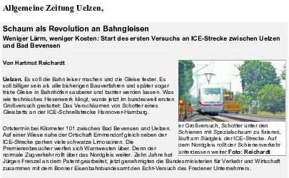 Schaum als Revolution an Bahngleisen – Artikel in der „Allgemeine Zeitung Uelzen“